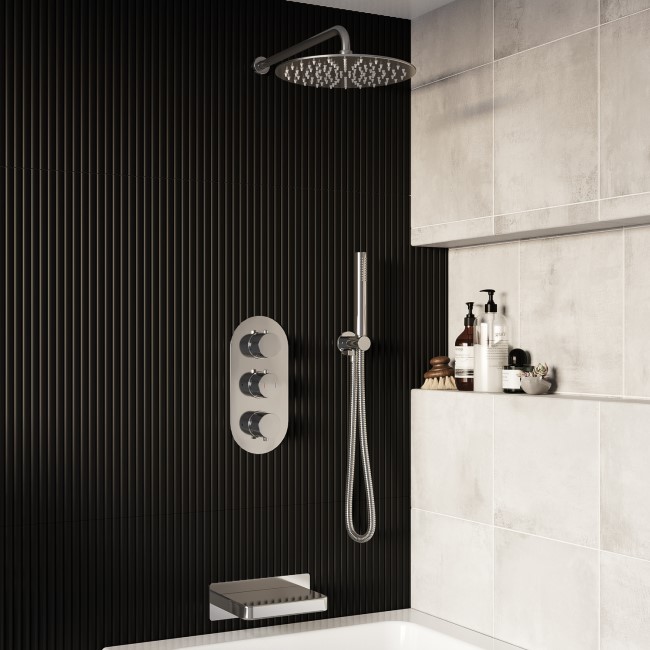 Chrome Triple Outlet Wall Mounted Thermostatic Mixer Shower Set With Hand Shower and Bath Filler Spout - Arissa