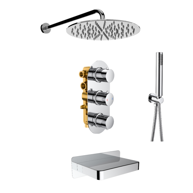 Chrome Triple Outlet Wall Mounted Thermostatic Mixer Shower Set With Hand Shower and Bath Filler Spout - Arissa