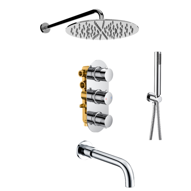 Chrome Dual Outlet Wall Mounted Thermostatic Mixer Shower Set With Hand Shower and Pencil Bath Filler Spout - Arissa