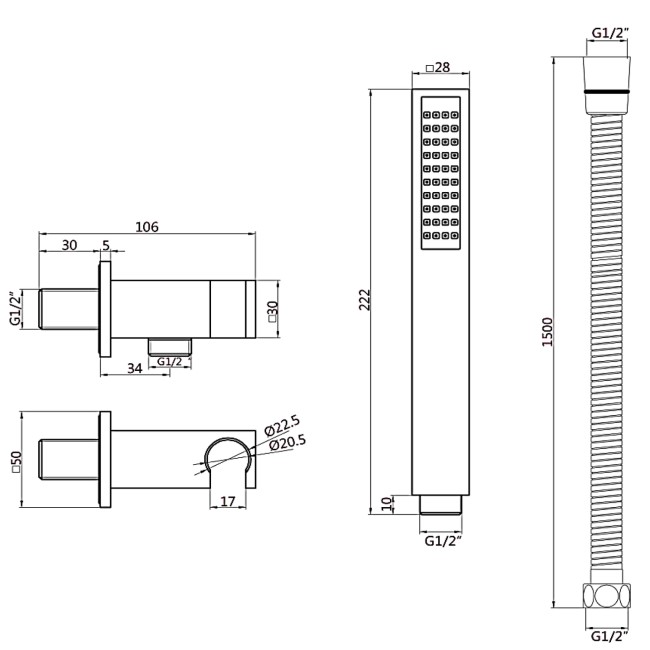 Chrome Dual Outlet Wall Mounted Thermostatic Mixer Shower Set With Hand Shower and Pencil Bath Filler Spout - Arissa