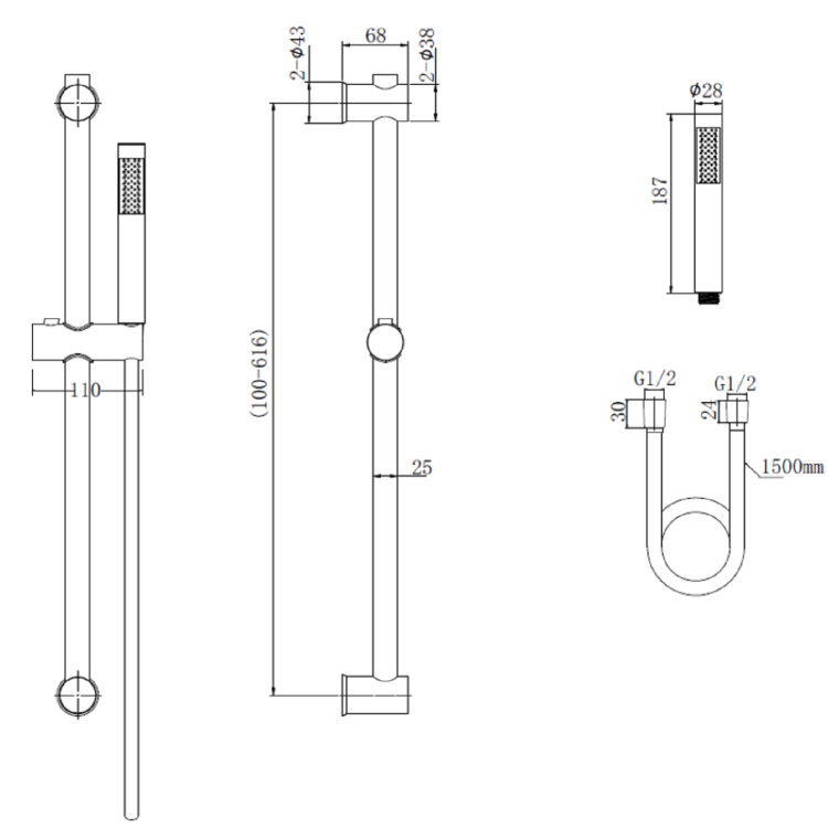 Black Thermostatic Pencil Bar Mixer Shower Set with Slide Rail Kit - Arissa