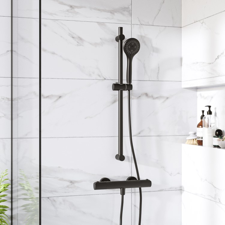 Black Thermostatic Round Bar Mixer Shower Set with Slide Rail Kit - Arissa