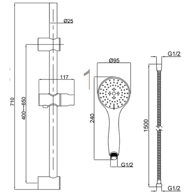 Black Thermostatic Round Bar Mixer Shower Set with Slide Rail Kit - Arissa