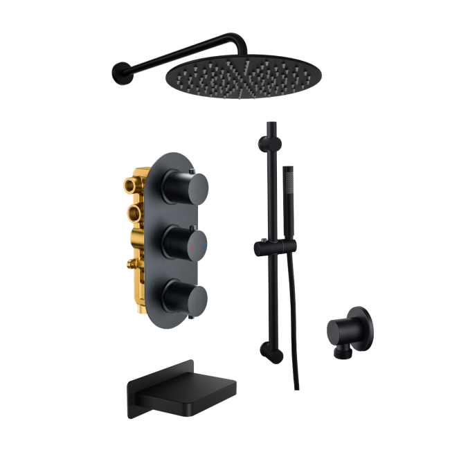 Black Triple Outlet Wall Mounted Thermostatic Mixer Shower Set With Hand Shower and Bath Filler Spout - Arissa