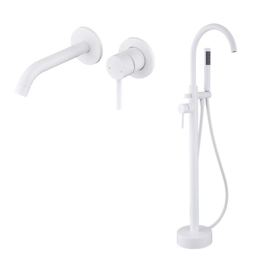 Grade A1 - White Freestanding Bath Shower Mixer and Wall Mounted Basin Tap Set - Arissa