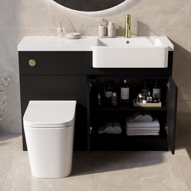 1100mm Black Right Hand Toilet and Sink Unit with Square Toilet and Brass Fittings - Bali