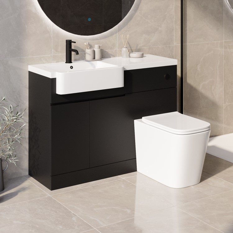 1100mm Black Left Hand Toilet and Sink Unit with Square Toilet and Black Fittings - Bali