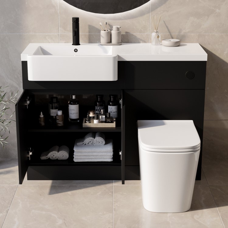 1100mm Black Left Hand Toilet and Sink Unit with Square Toilet and Black Fittings - Bali