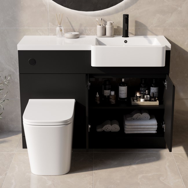 1100mm Black Right Hand Toilet and Sink Unit with Square Toilet and Black Fittings - Bali