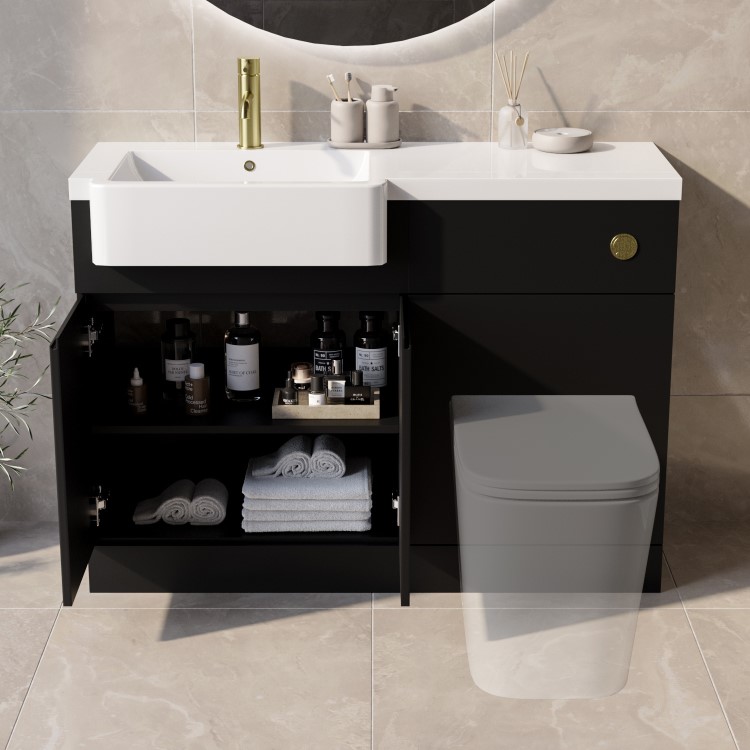 1100mm Black Left Hand Toilet and Sink Unit with Brass Fittings - Unit & Basin Only - Bali