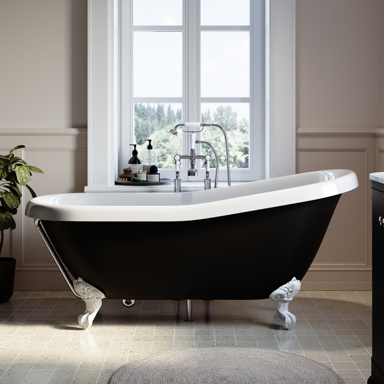 Black Freestanding Single Ended Roll Top Slipper Bath with White Feet 1615 x 690mm - Bowland