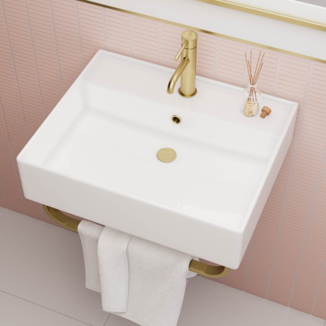 White Square Wall Hung Basin with Brass Rack 497mm - Bowen