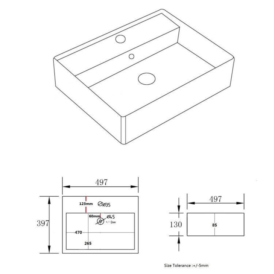 GRADE A1 - White Square Countertop Basin 497mm - Bowen