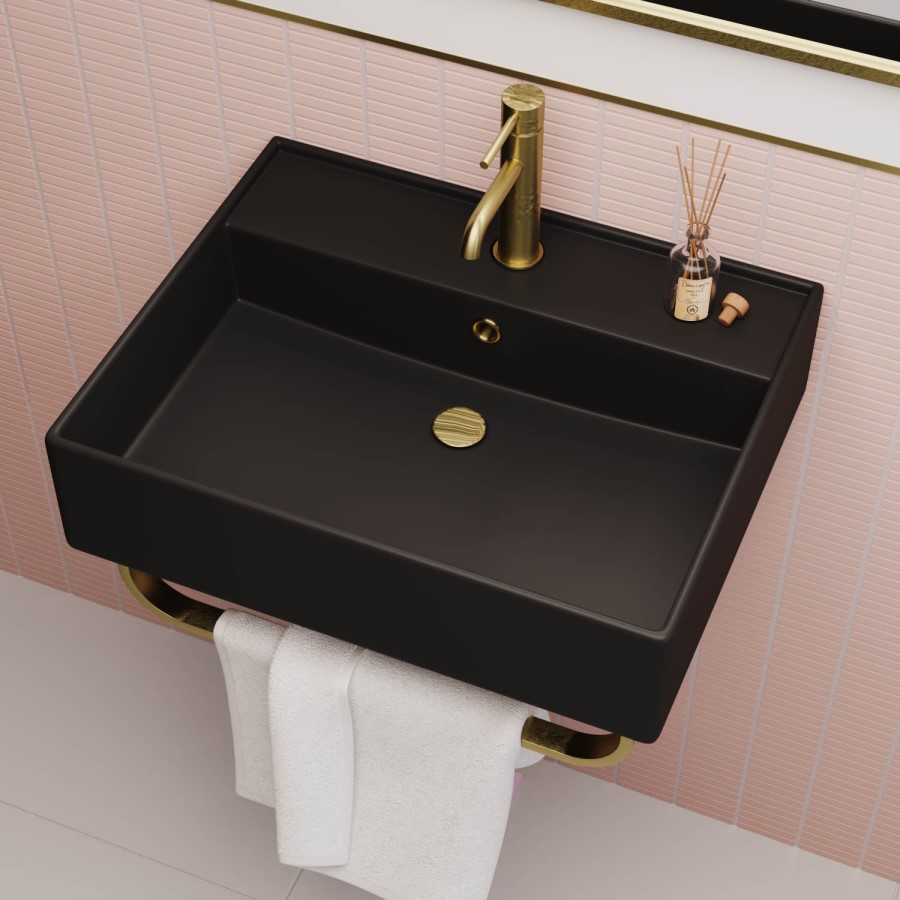 Grade A1 - Matt Black Square Wall Hung Basin with Brass Rack 497mm - Bowen