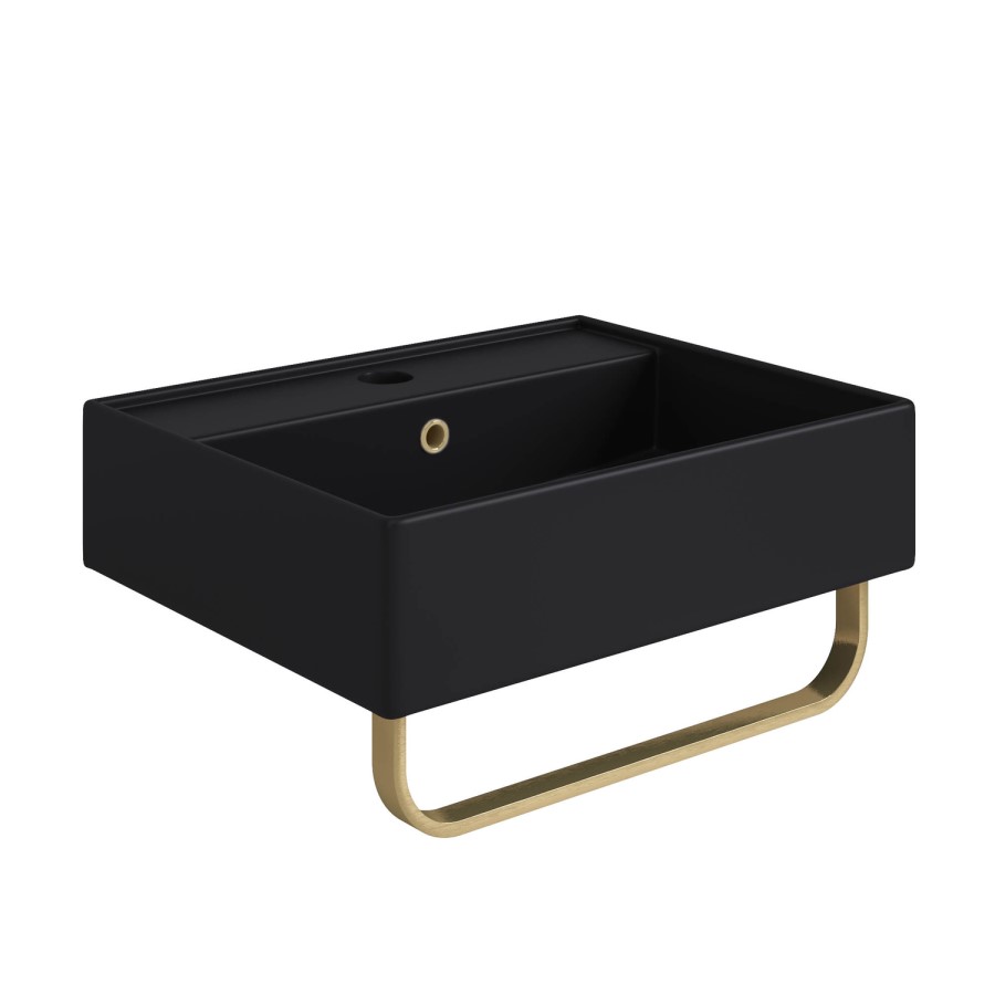 Grade A1 - Matt Black Square Wall Hung Basin with Brass Rack 497mm - Bowen