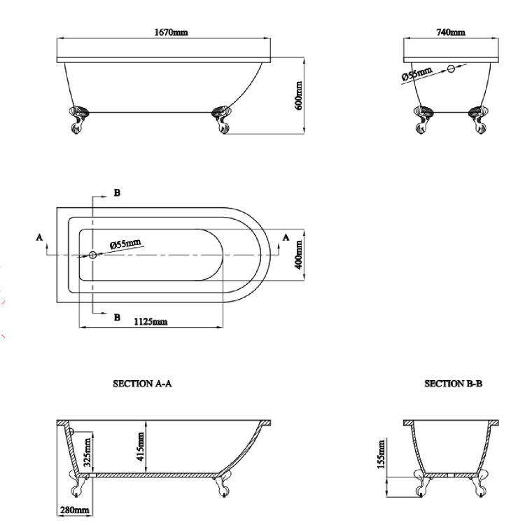 Grade A1 - Freestanding Single Ended Bath with Brushed Brass Feet 1670 x 740mm - Park Royal