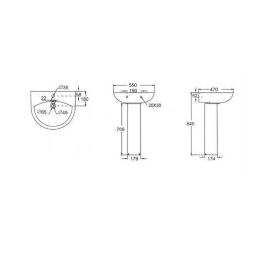 Modern Pedestal Basin 550mm - Portland