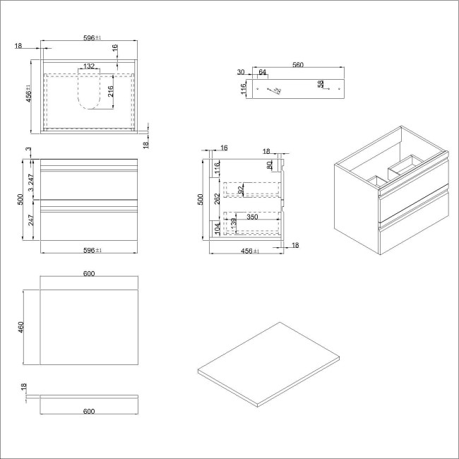 600mm Wall Hung 2 Drawer Vanity Unit Dark Oak - Boston