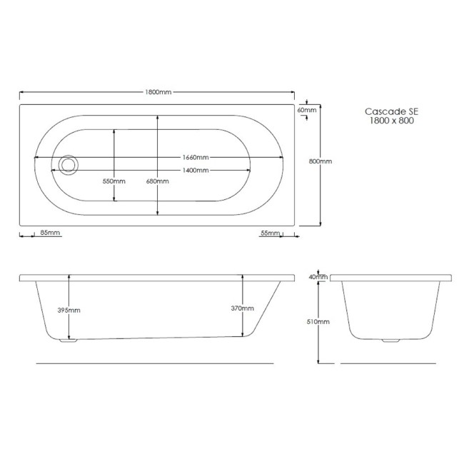 Single Ended Shower Bath with Front Panel & Black Framed Bath Screen 1800 x 800mm - Alton