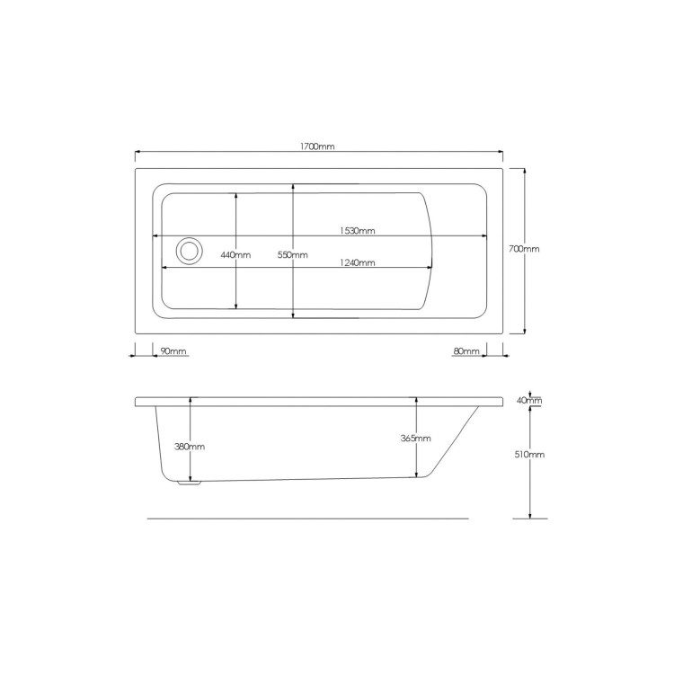 Rutland Single Ended Square Bath with Front Panel & Black Grid Screen - Right Hand 1700 x 700