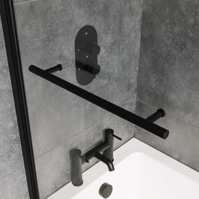 Single Ended Shower Bath with Front Panel & Black Bath Screen with Towel Rail 1800 x 800mm - Rutland