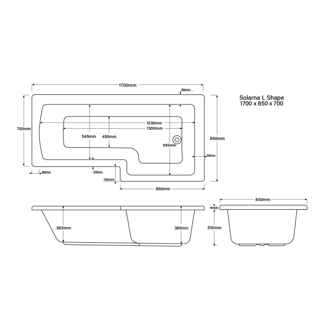 L Shape Shower Bath Left Hand with Front Panel & Brushed Brass Screen 1500 x 850mm - Lomax