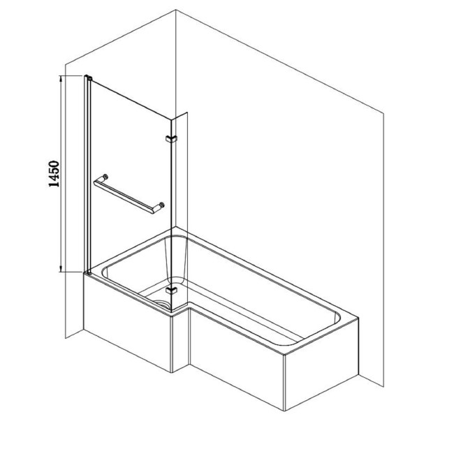 Lomax 1500 x 850 L Shaped Shower Bath Left Hand with Front Panel & Matt Black Bath Screen with Towel Rail