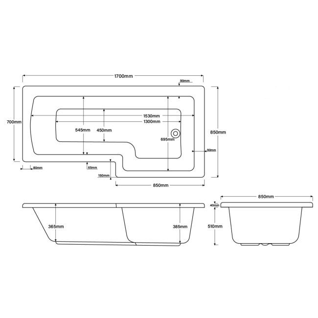 1700mm Left Hand Black Shower Bath Suite with Toilet Basin & Panels - Lomax