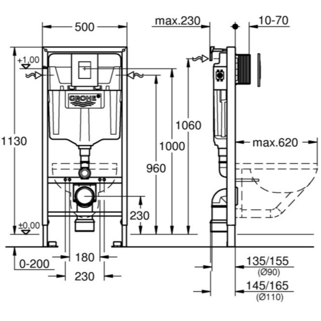 Wall Hung Smart Bidet Japanese Toilet & Grohe Frame Cistern and Chrome Flush Plate - Purificare