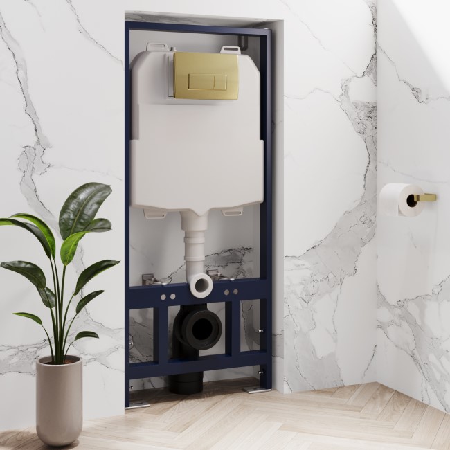 Concealed Cistern 1170mm Pneumatic Frame with Brushed Brass Flush Plate - Elira