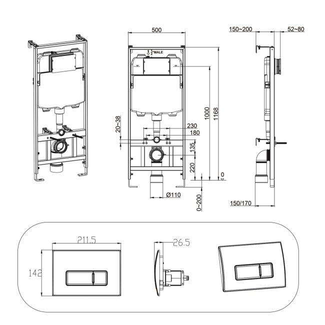 Concealed Cistern 1170mm Pneumatic Frame with Brushed Brass Flush Plate - Elira