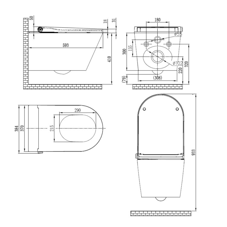 Wall Hung Smart Bidet Japanese Toilet & 820mm Frame Cistern and Brass Pneumatic Flush Plate - Purificare