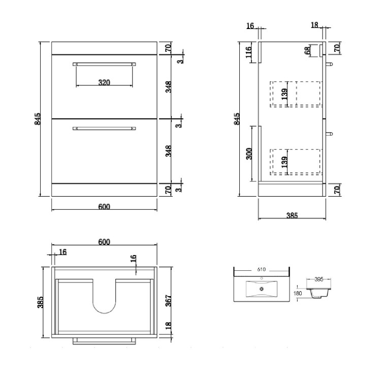 600mm Wood Effect Freestanding Vanity Unit with Basin and 2 Drawers - Ashford