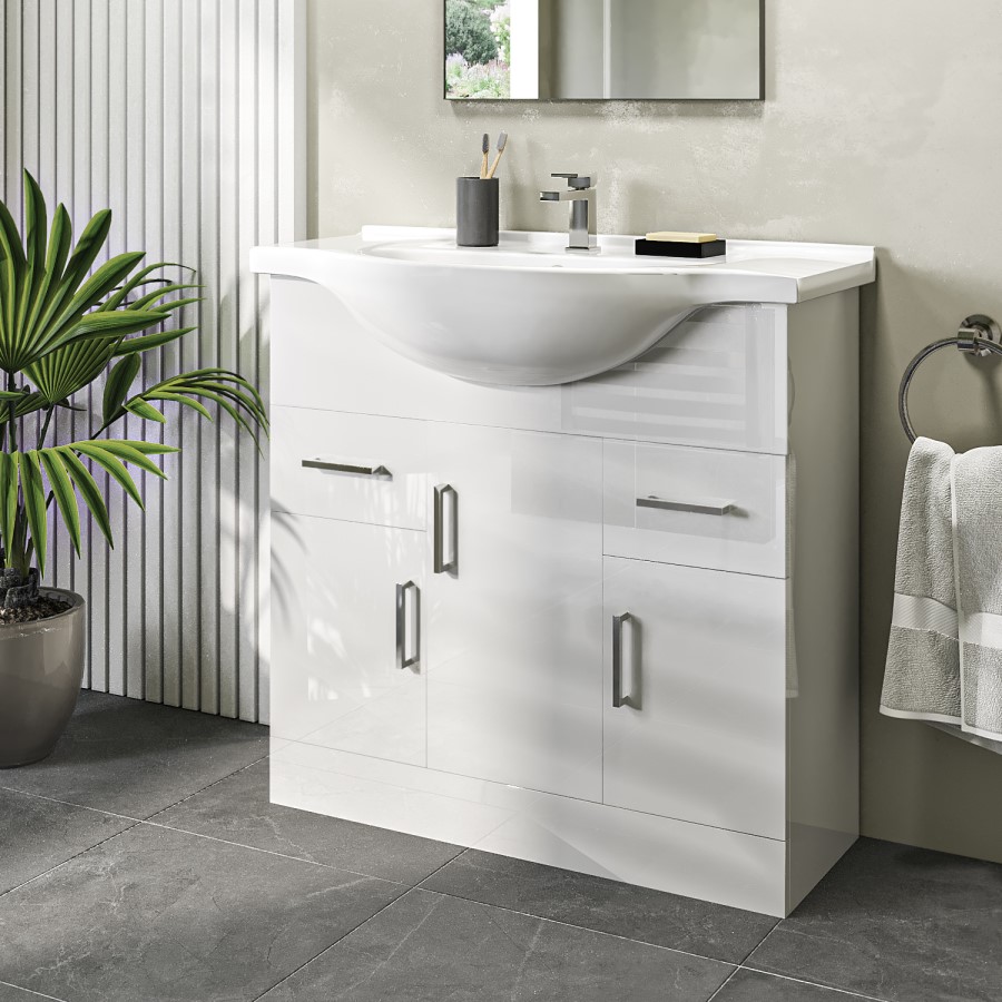 Grade A2 - 850mm White Freestanding Vanity Unit with Basin - Classic