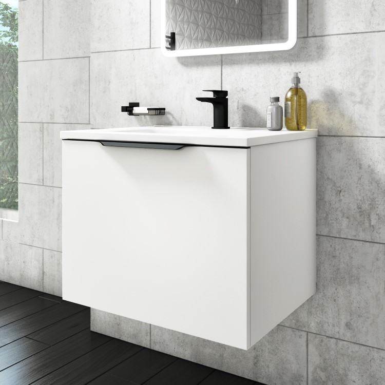 600mm White Wall Hung Vanity Unit with Gloss Basin - Sion