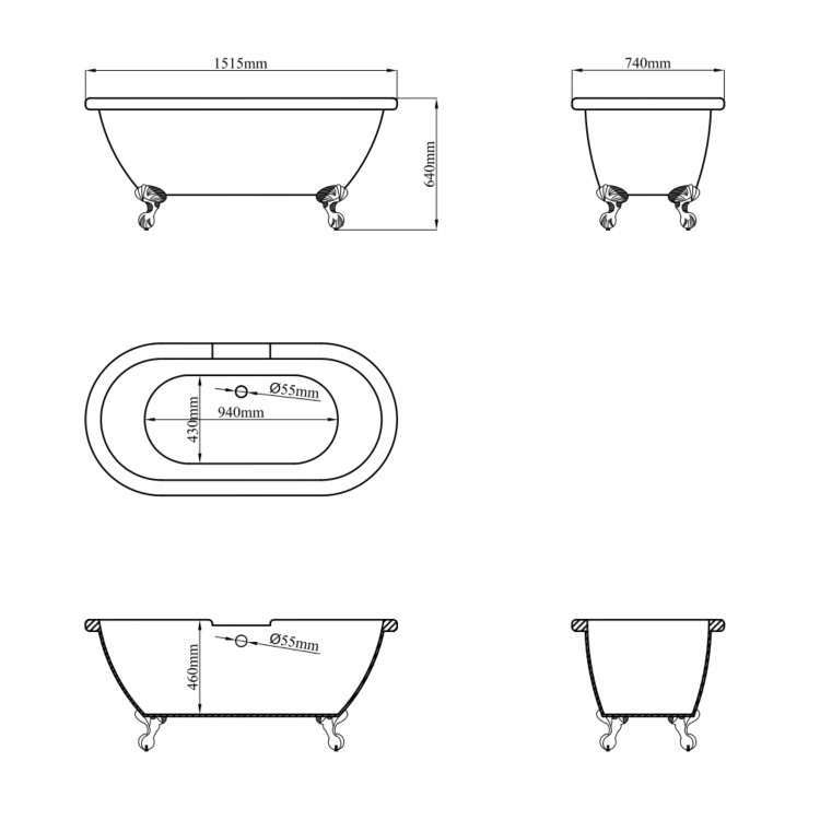 Freestanding Double Ended Roll Top Bath with Black Feet 1515 x 740mm - Park Royal