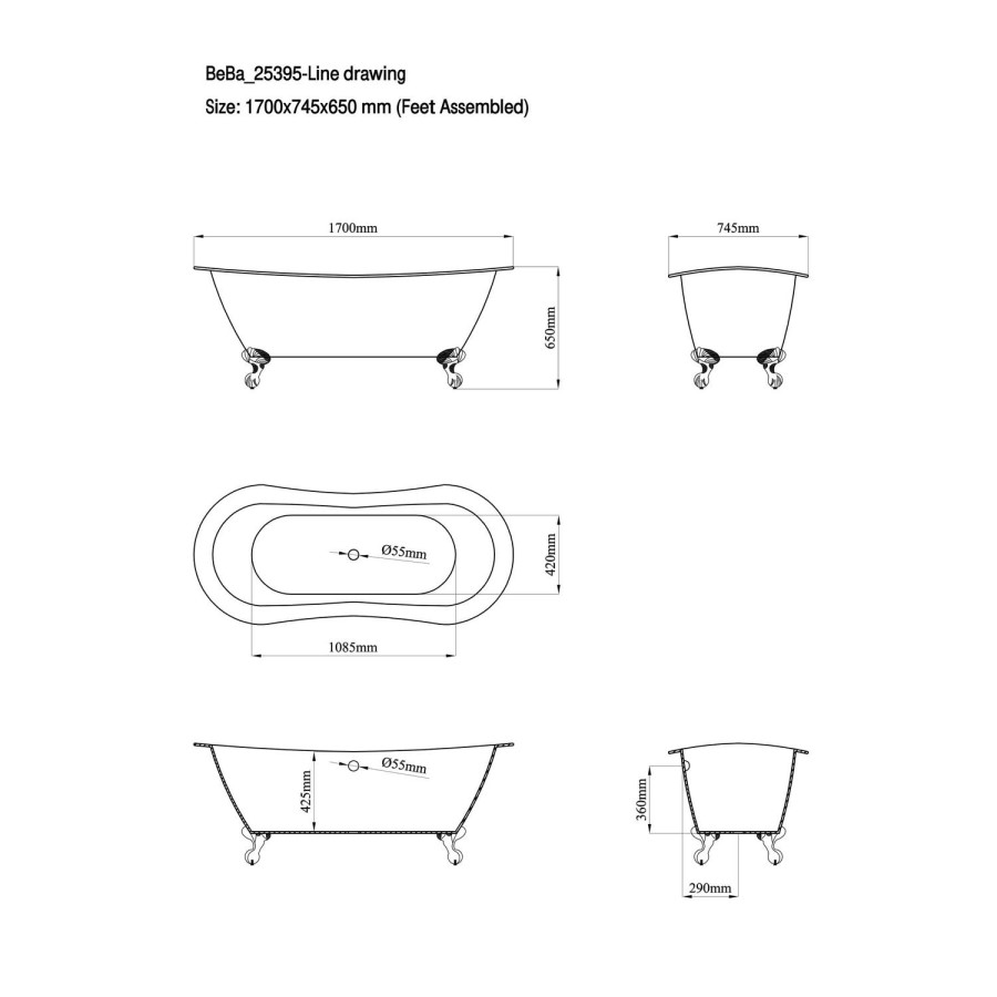 Freestanding Double Ended Slipper Bath with Black Feet 1700 x 745mm - Park Royal