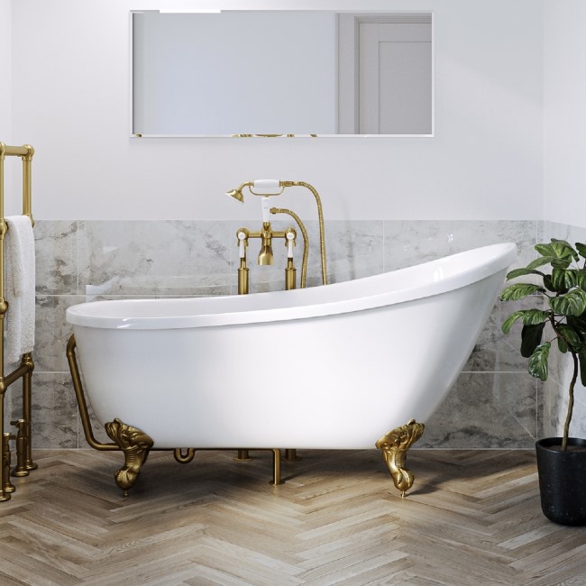 Freestanding Single Ended Roll Top Slipper Bath with Brushed Brass Feet 1550 x 725mm - Park Royal