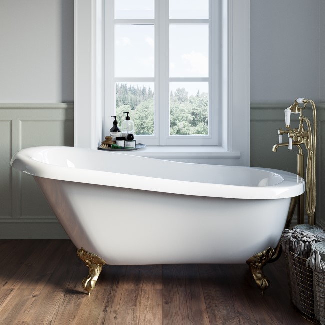 Freestanding Single Ended Roll Top Slipper Bath with Brushed Brass Feet 1700 x 710mm - Park Royal