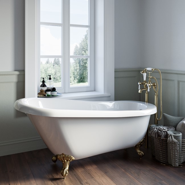 Freestanding Single Ended Roll Top Slipper Bath with Brushed Brass Feet 1700 x 710mm - Park Royal