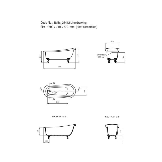 Freestanding Single Ended Roll Top Slipper Bath with Brushed Brass Feet 1700 x 710mm - Park Royal