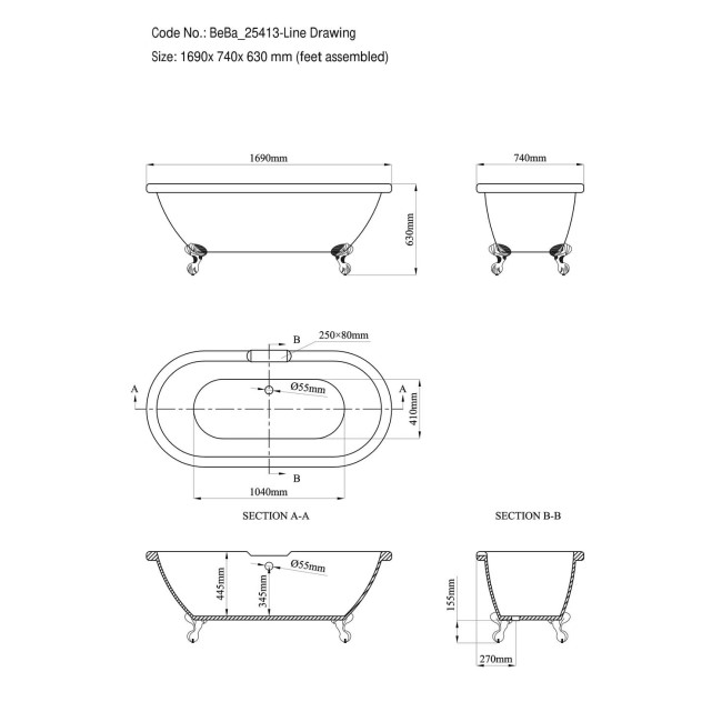 Freestanding Double Ended Roll Top Bath with Chrome Feet 1690 x 740mm - Park Royal