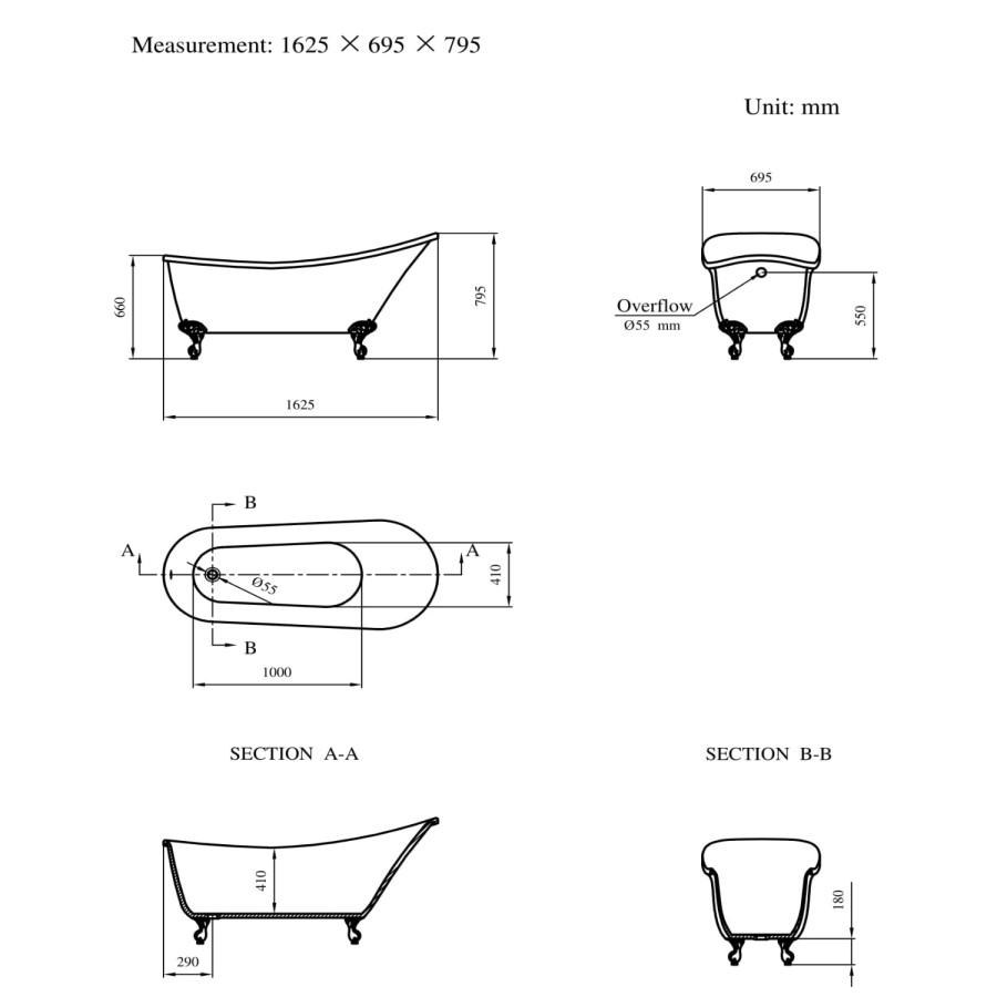 Freestanding Single Ended Roll Top Slipper Bath Black with Chrome Feet 1625 x 695mm - Lunar 