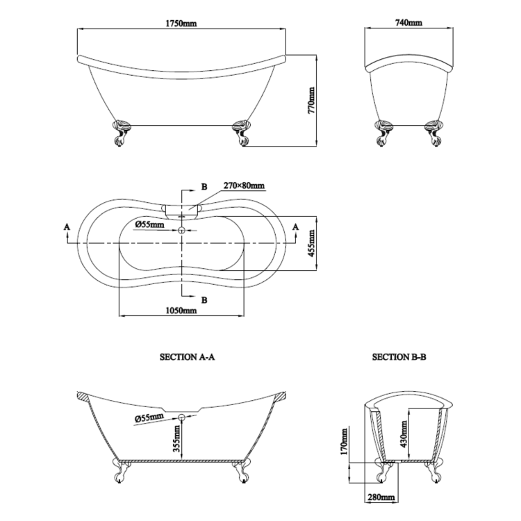 Freestanding Double Ended Roll Top Bath with Black Feet 1750 x 740mm - Park Royal