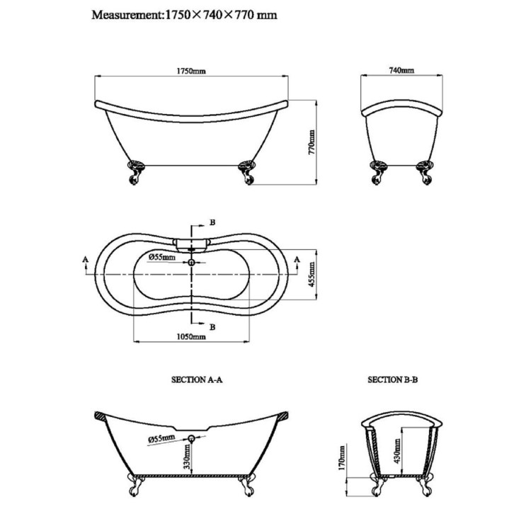 Freestanding Double Ended Roll Top Bath with White Feet 1750 x 740mm - Park Royal