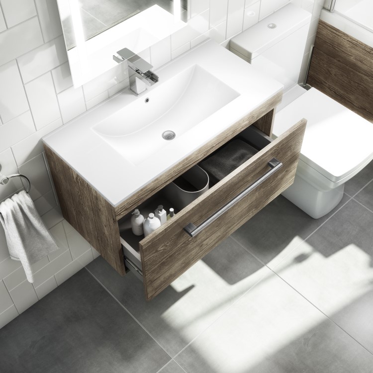 800mm Wood Effect Wall Mounted Vanity Unit and Basin - Ashford