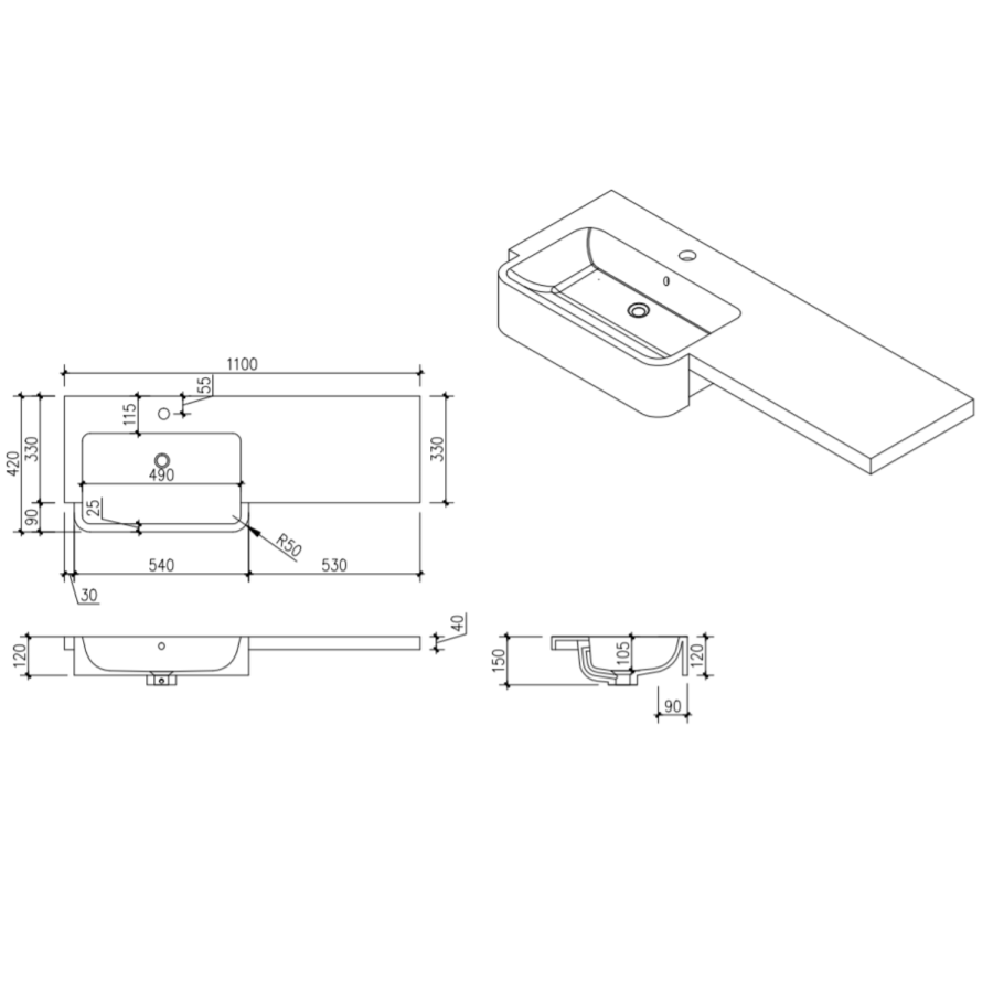 1100mm White Right Hand Toilet and Sink Unit with Brass Fittings - Unit & Basin Only - Bali