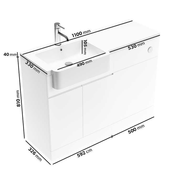 1100mm White Left Hand Toilet and Sink Unit with Chrome Fittings - Unit & Basin Only - Bali