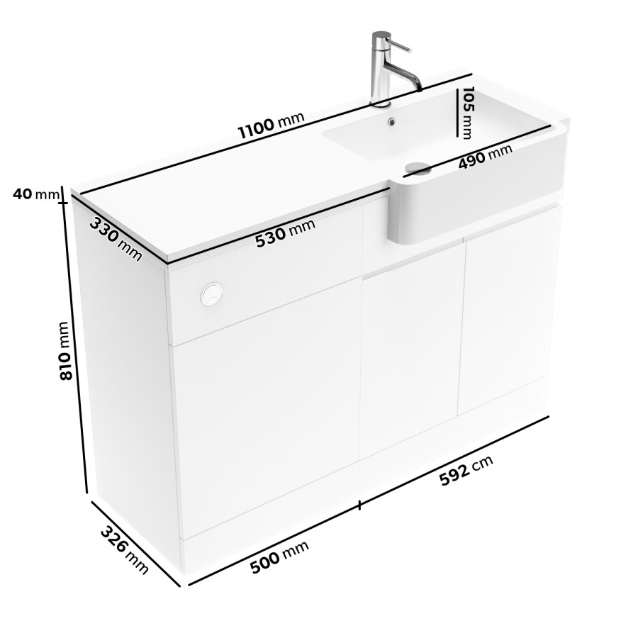 1100mm White Right Hand Toilet and Sink Unit with Chrome Fittings - Unit & Basin Only - Bali