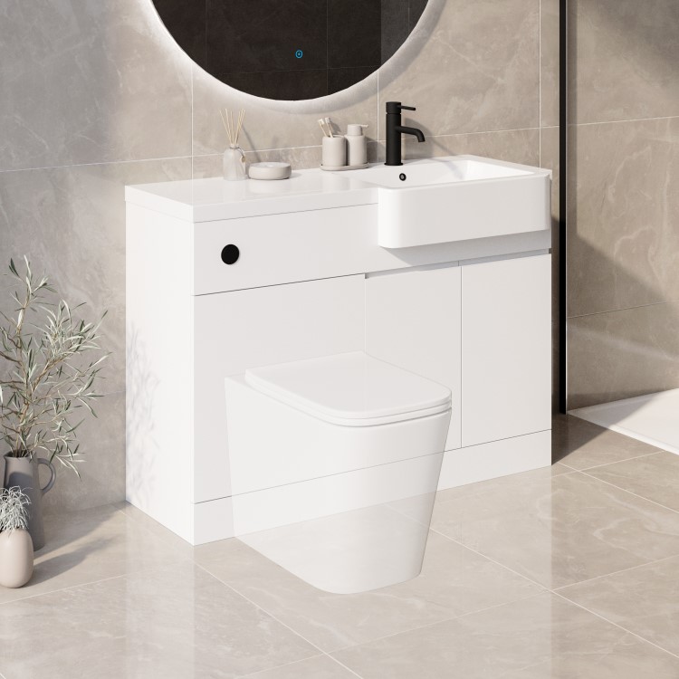 1100mm White Right Hand Toilet and Sink Unit with Black Fittings - Unit & Basin Only - Bali